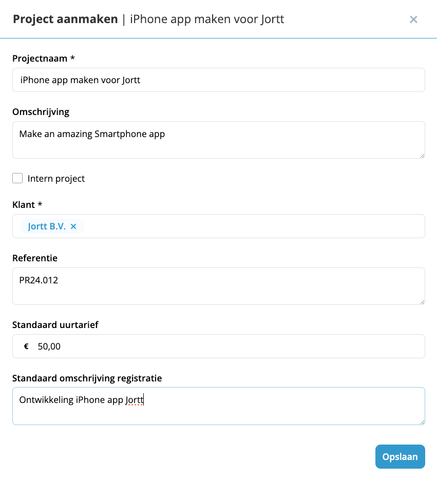 maak een project aan in Jortt